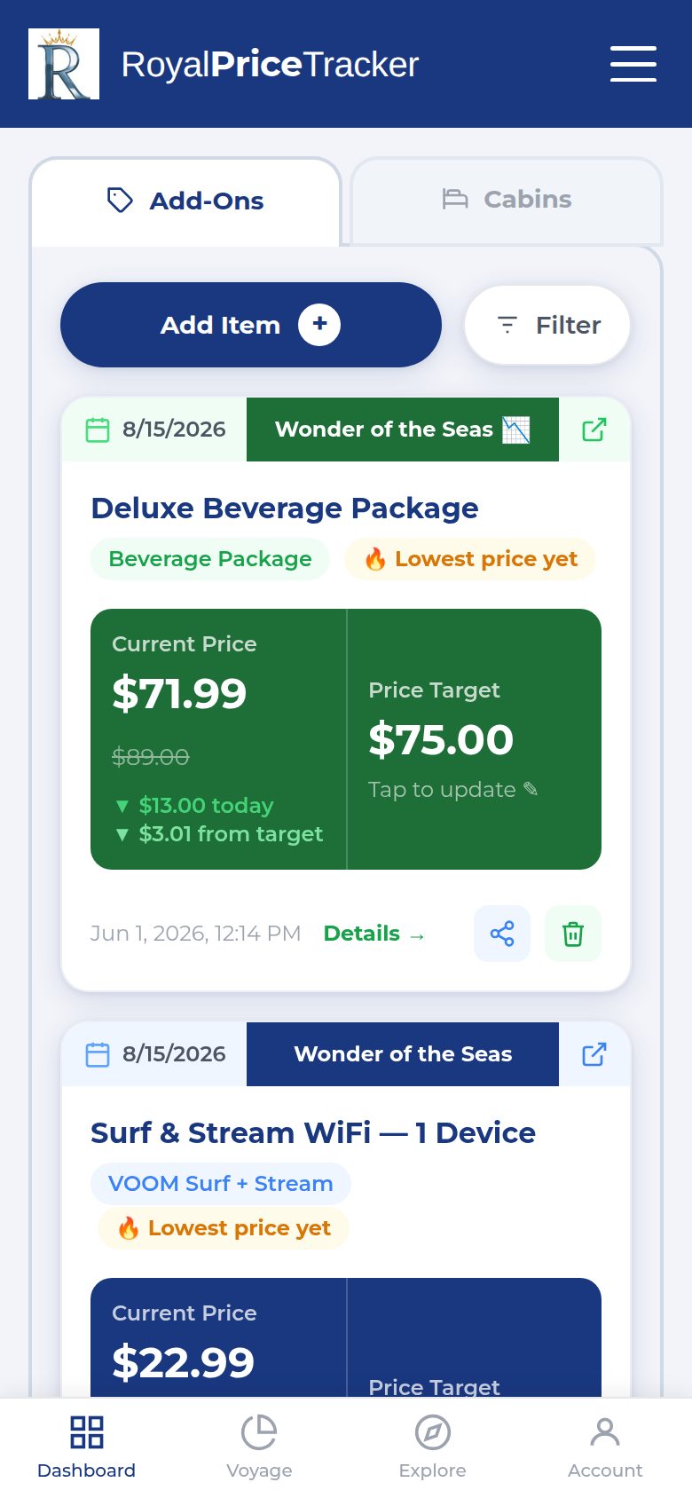 Dashboard — Add-On tracker